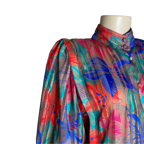 Vintage Colorful Floral Satin Striped Studio Retro Poet Blouse Holiday Top (M) - Picture 5 of 10